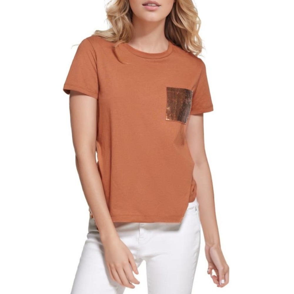 DKNY Sequin Pocket T-Shirt Women XS Nutmeg Minimalist Chic Elevated Basic NEW